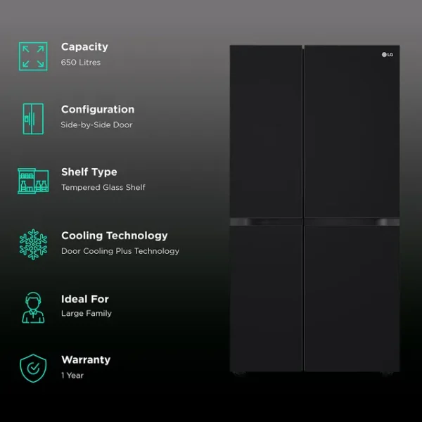 LG 650 Litres 3 Star Frost Free Side by Side Refrigerator with Smart Inverter Compressor (GLB257DBM3, Black Mirror) - Image 3