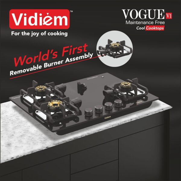 Vidiem Vogue V1 4-Burner Gas Cooktop/Hob | World's First Fully Removable Burner Assembly | 10MM Toughened Glass - Image 6