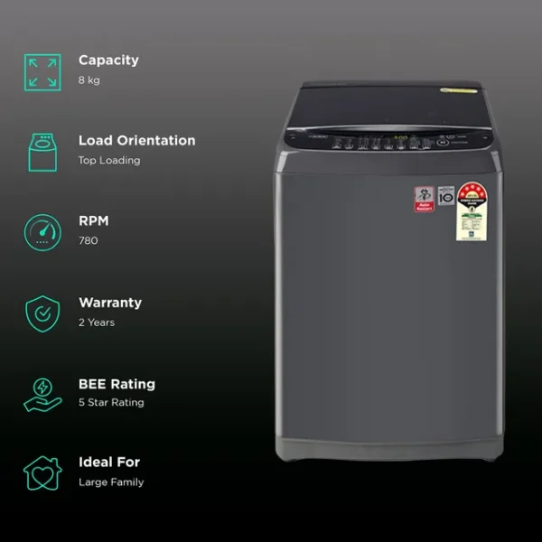 LG 8 Kg 5 Star Inverter TurboDrum Fully Automatic Top Loading Washing Machine (T80AJMB1Z) - Image 9