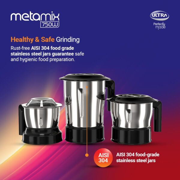 Ultra Metamix 750W 3Jar Mixer Grinder,Candy Yellow for Superfast grinding,High Speed,750 W - Image 7