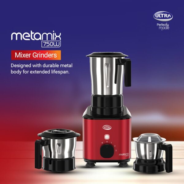 Ultra Metamix 750W 3Jar Mixer Grinder,Candy Yellow for Superfast grinding,High Speed,750 W - Image 2