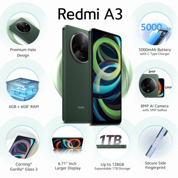 Redmi A3 (Olive Green, 6GB RAM, 128GB Storage) | Premium Halo Design | 90Hz Display - Image 2