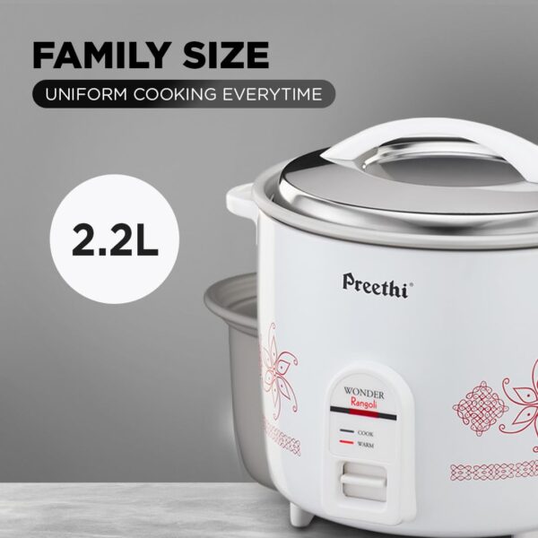 Preethi Electric Rice Cooker, 2.2 Litre, Double Pan, Anodized and Rustproof Aluminium Pan, White (RC 321) - Image 3