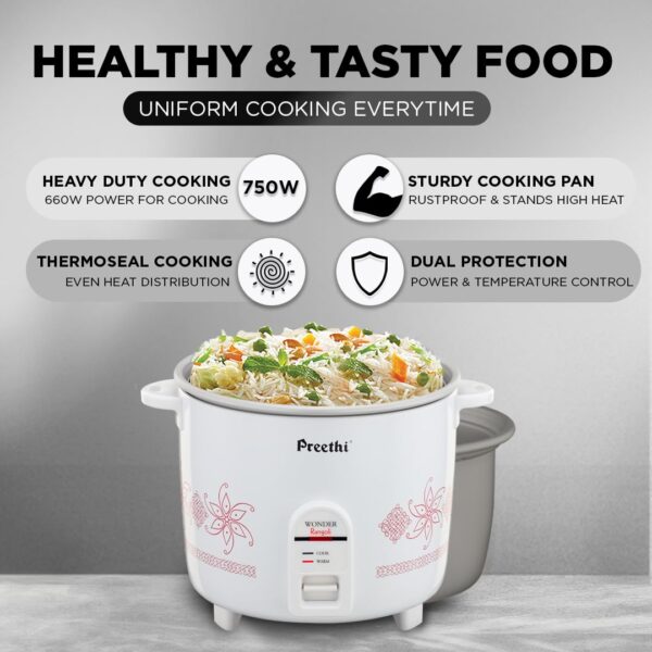 Preethi Electric Rice Cooker, 2.2 Litre, Double Pan, Anodized and Rustproof Aluminium Pan, White (RC 321) - Image 5