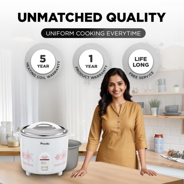 Preethi Electric Rice Cooker, 2.2 Litre, Double Pan, Anodized and Rustproof Aluminium Pan, White (RC 321) - Image 6