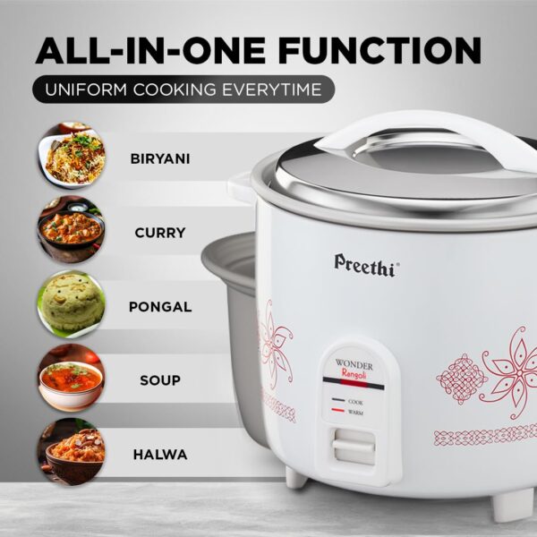 Preethi Electric Rice Cooker, 2.2 Litre, Double Pan, Anodized and Rustproof Aluminium Pan, White (RC 321) - Image 4